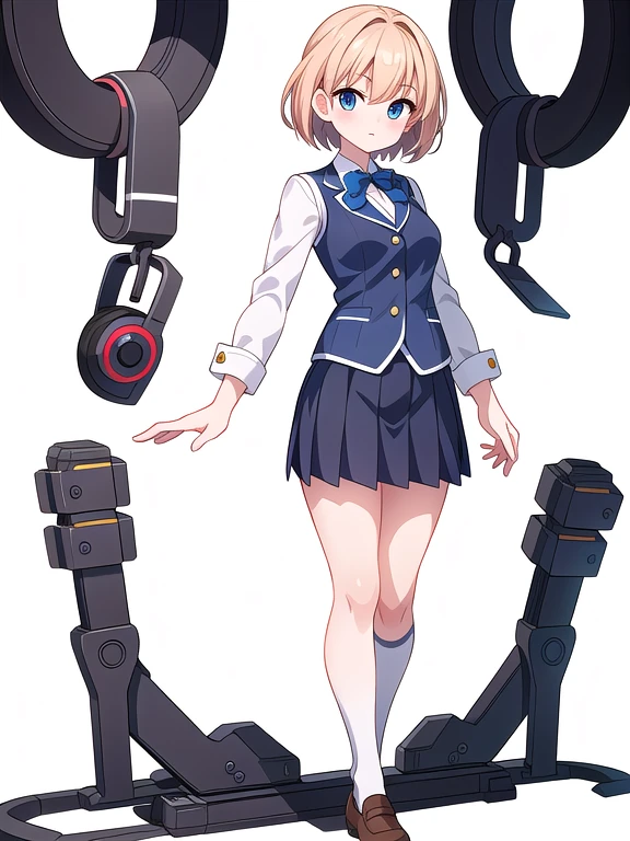 (stand posture), cute eyes, adult woman, uniform, skirt, solo, ((white background)), (full body), vest, cropped jacket,