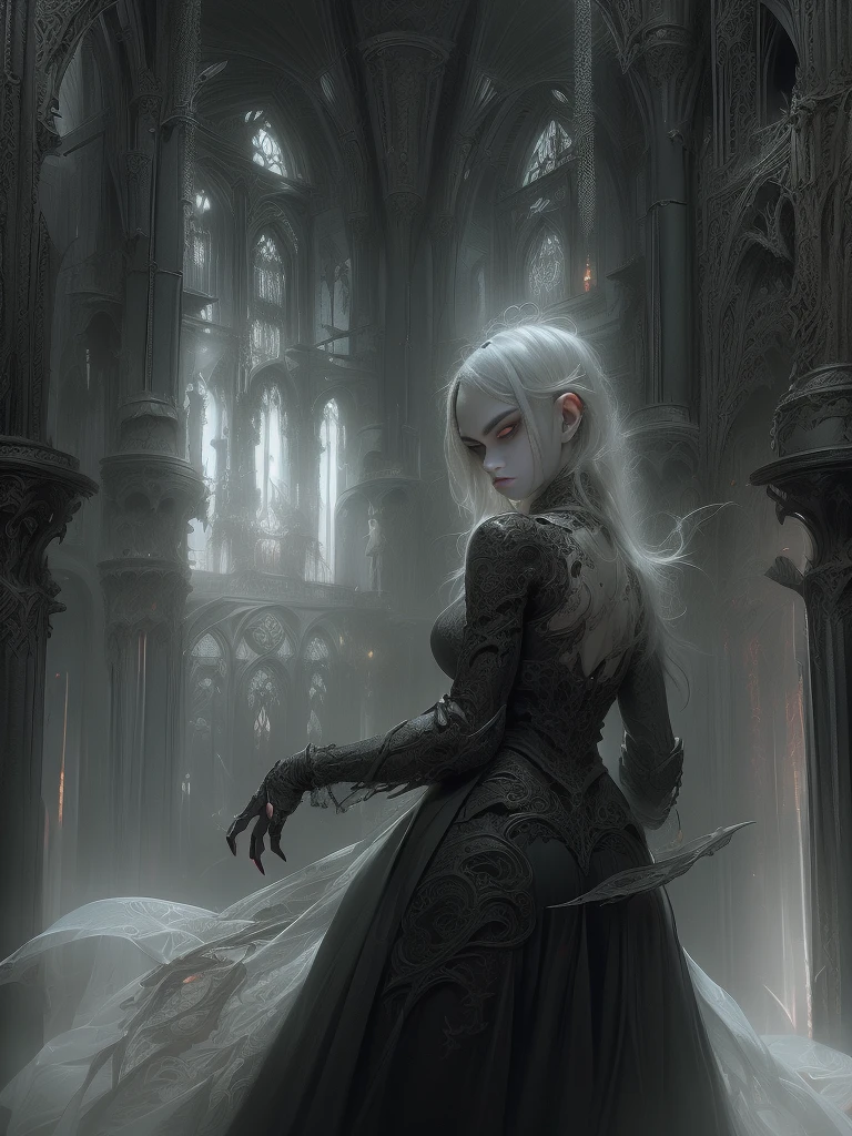 a devilish woman with long flowing black hair, extremely pale skin, and piercing red eyes, wearing an intricate elf-like costume, in a dark and mysterious fantasy setting, detailed face, highly realistic, cinematic lighting, dramatic atmosphere, rich colors, dramatic shadows, digital art, concept art style