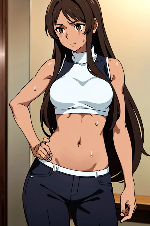 (masterpiece, top quality, best quality), brown skin anime girl wearing a sleeveless coat and trousers, famished in hunger, (gently resting hands on stomach), (sweating), (long hair), (hands on her stomach)