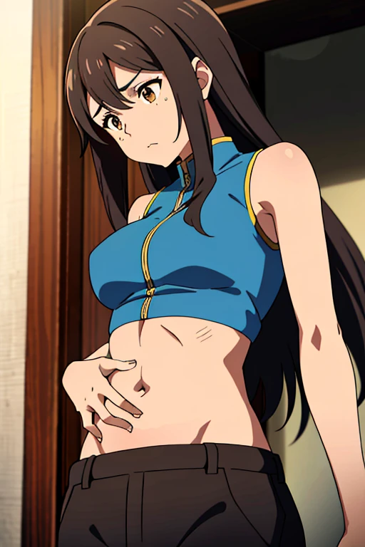 (masterpiece, top quality, best quality), brown skin anime girl wearing a sleeveless coat and trousers, famished in hunger, (gently resting hands on stomach), (sweating), (long hair), (hands on her stomach)