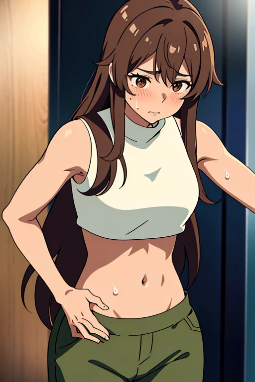 (masterpiece, top quality, best quality), brown skin anime girl wearing a sleeveless coat and trousers, famished in hunger, (gently resting hands on stomach), (sweating), (long hair), (hands on her stomach)