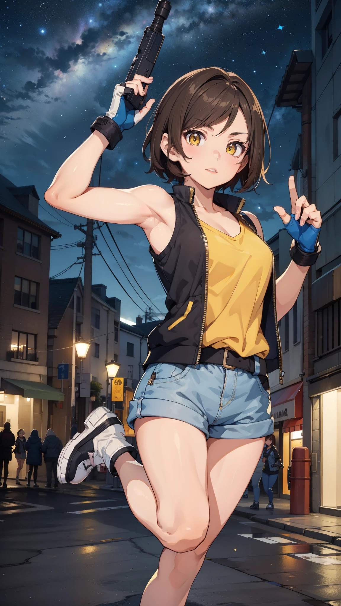 street dancer,  short hair, brown hair, yellow glowing eyes, perfect lips,  cute expression, cute face, cute pose, fingerless gloves, gun, tank top, jacket, cute pose, ultra detailed face, long eyelashes, sharp eyes , Fullbody shot, dinamic viewer, night sky 