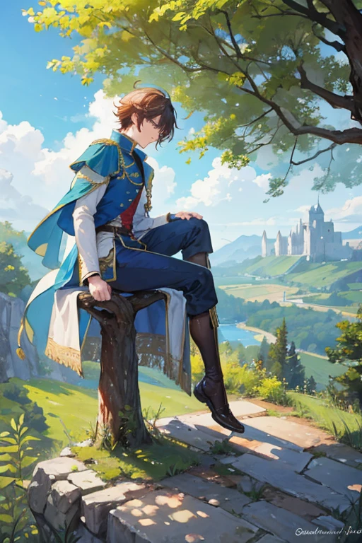 un chevalier qui est assis sous un arbre et regarde le paysage