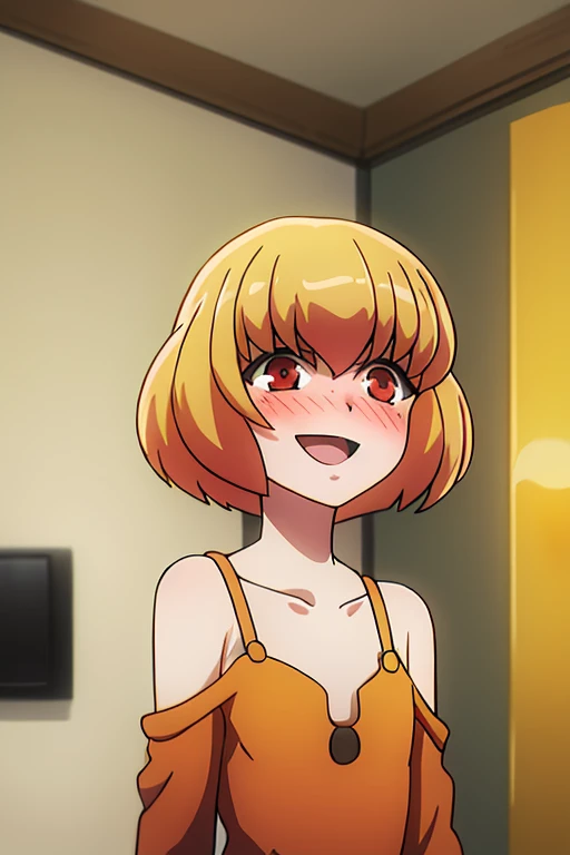 ((highest quality)), ((masterpiece)), (be familiar with), Perfect Face, indoor, Bedroom, Watching the audience,
One woman, Clementine,
Open Mouth, Ecstatic expression, blush, smile,
Small breasts, Flat Chest, Young Girl, , , Girl,
Short Hair, Golden Hair, Red eyes, Short Bob,
Leg spread,