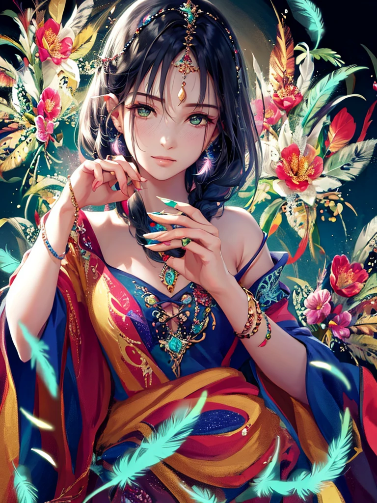 (masterpiece, top quality, Best quality, official art, beautiful and aesthetically pleasing:1.2), (1 girl, mature:1.3, got old:1.3), long hair, braid sidelocks, Extremely detailed,(fractal art:1.1),(colorful:1.4)(flowers:1.3),The most detailed,(zentangle:1.2), (dynamic pose), (abstract background:1.3), (shiny skin), (many colors:1.4),(earrings:1.4), (feathers:1.4), cowboy shot, Highly detailed hands, very detailed hands