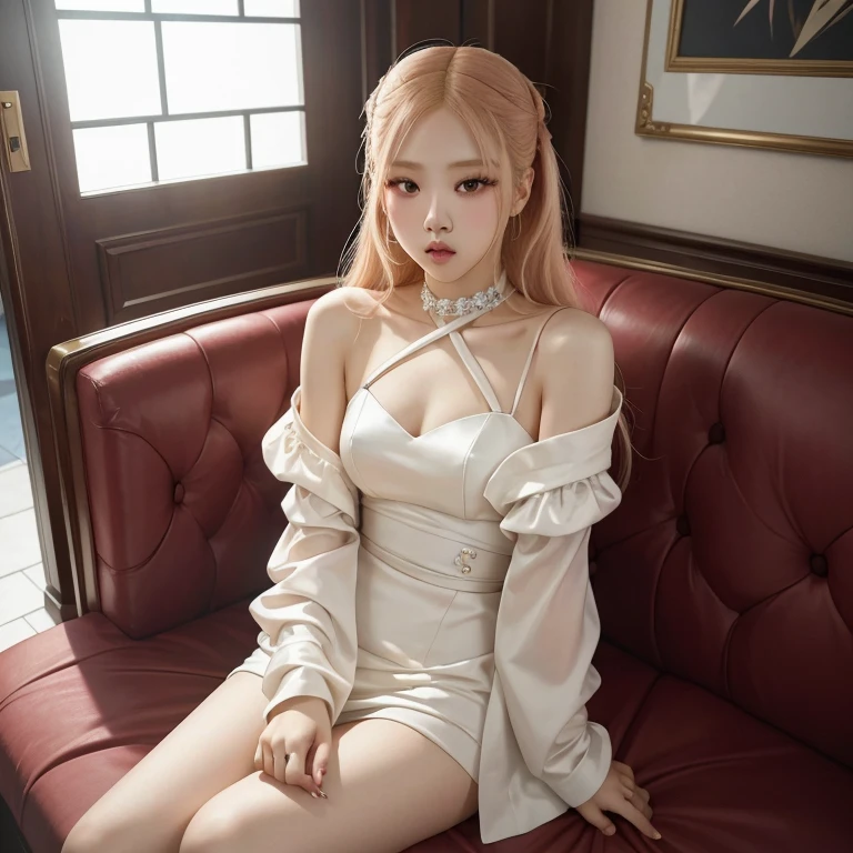 ((4k, mejor calidad)) a closeup of a korean woman sitting on a sofa wearing a white dress, parque roseanne de blackpink, jossi de blackpink, portrait of jossi de blackpink, Lalisa Manobal, Lalisa Manoban de Blackpink, su cabello es blanco, jisoo de blackpink, retrato de jisoo rosa negro, con pelo largo y blanco, Jisoo de Blackpink, pelo largo y blanco, parque roseanne de blackpink, hermosa joven coreana, hermosa mujer surcoreana, nodded, hermosa joven coreana, selfie enamorado, roseanne park of blackpink, korean girl, beautiful south korean woman, ulzzang, portrait of rosé of blackpink, popular south korean makeup, popular korean makeup, gorgeous young korean woman, a girl with blonde hair, korean face, rosé of blackpink, rosé from blackpink, park chaeyoung, fantasy White dress