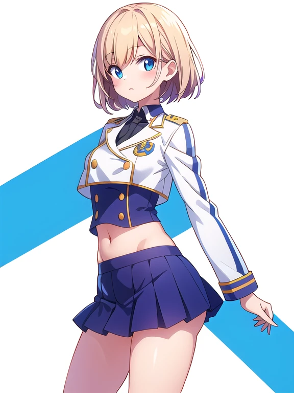 (stand posture), cute eyes, adult woman, uniform, skirt, solo, ((white background)), (full body), midriff jacket, cropped jacket,