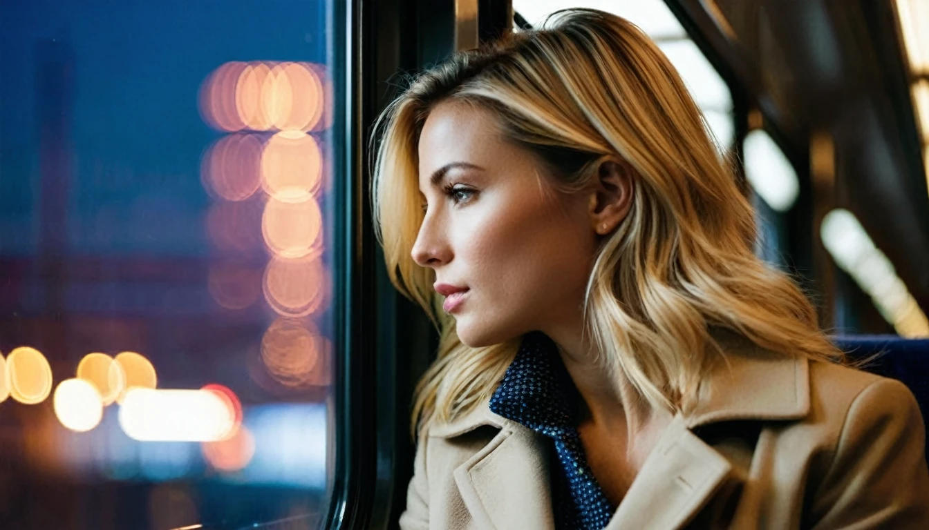 side view, ((half body )) portrait photo of a beautiful 35 years old european woman sitting in a train cabin beside the window ((at dark night)), wearing beige colored coat with white collared blouse, looking out the window of the train can see the moving houses of the megacity with colorful nightlights, reflective surfaces, city lights of the skyscrapers and reflections on the train's window. She is reflected in the train window. The train is travelling through in a megacity at night. She has (long wavy blonde hair blown in the wind), Award - winning photograph, Masterpiece, 16k, ultra high res, hyper detailed, vintage filter,sfumato, chiaroscuro, beautiful woman, perfect face, rule of thirds, highly detailed hair, ((detailed face)), ((detailed facial features)), (finely detailed skin), pale skin, intricate details, amazing fine detail, photorealistic, photograph, photorealism, rich colors, lifelike texture, neutral colors, Soft front light,cinematic lighting, dramatic lighting,dappled light on face, backlight on hair, sharp focus, wide angle, film grain, dslr, raw photo, photographed on Nikon