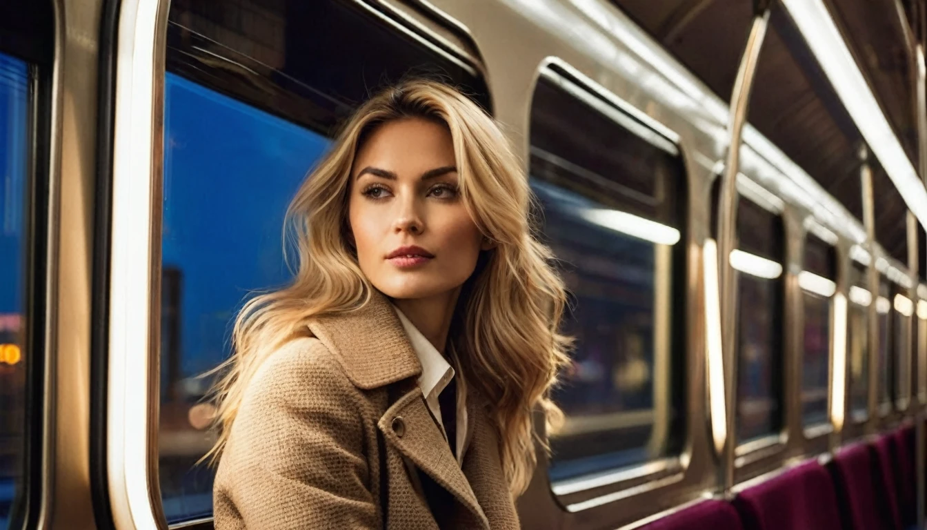 side view, ((half body )) portrait photo of a beautiful 35 years old european woman sitting in a train cabin beside the window  ((at dark night)),  wearing beige colored coat with white collared blouse, looking out the window of the train can see the moving houses of the megacity with colorful nightlights, reflective surfaces, city lights of the skyscrapers and reflections on the train's window. She is reflected in the train window. The train is travelling through in a megacity at night. She has (long wavy blonde hair blown in the wind),  Award - winning photograph, Masterpiece, 16k, ultra high res, hyper detailed, vintage filter,sfumato, chiaroscuro, beautiful woman, perfect face, rule of thirds,  highly detailed hair, ((detailed face)), ((detailed facial features)), (finely detailed skin), pale skin,  intricate details, amazing fine detail, photorealistic, photograph, photorealism, rich colors, lifelike texture, neutral colors, Soft front light,cinematic lighting, dramatic lighting,dappled light on face, backlight on hair, sharp focus, wide angle, film grain, dslr, raw photo, photographed on Nikon