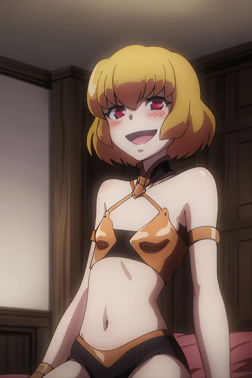 ((highest quality)), ((masterpiece)), (be familiar with), Perfect Face, indoor, Bedroom, Watching the audience,
One woman, Clementine,
Open Mouth, Ecstatic expression, blush, smile,
Small breasts, Flat Chest, Young Girl, , , Girl,
Short Hair, Golden Hair, Red eyes, Short Bob,
Leg spread,