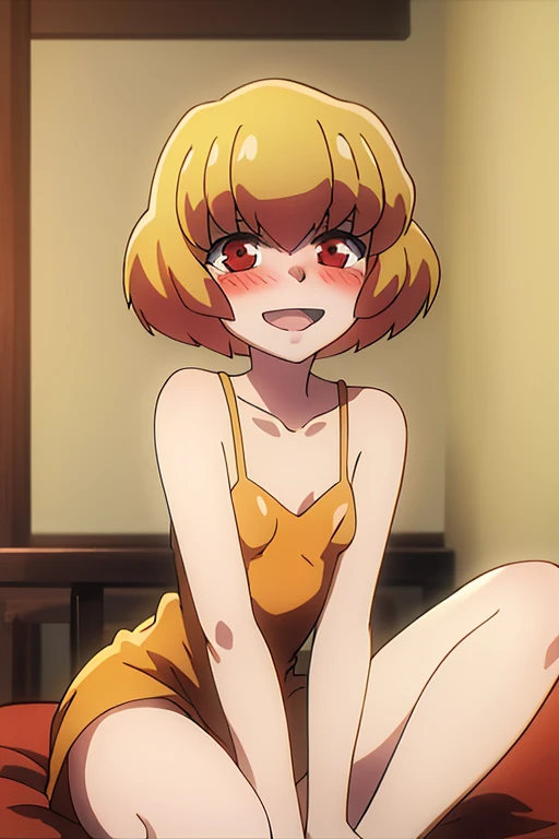 ((highest quality)), ((masterpiece)), (be familiar with), Perfect Face, indoor, Bedroom, Watching the audience,
One woman, Clementine,
Open Mouth, Ecstatic expression, blush, smile,
Small breasts, Flat Chest, Young Girl, , , Girl,
Short Hair, Golden Hair, Red eyes, Short Bob,
Leg spread,