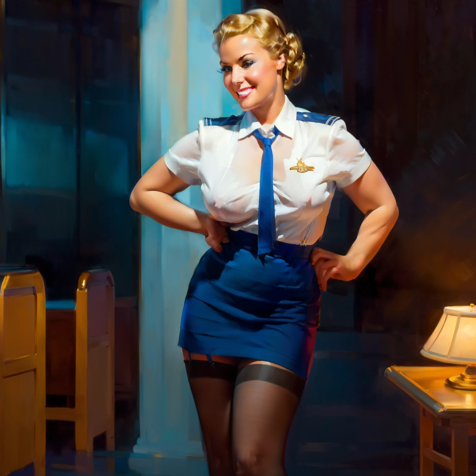 nsfw, photorealistic, beautiful face, (masterpiece:1.4), (best quality:1.4), extremely detailed, hyper-detailed, soft lighting, 38 years old beautiful 1950's pin-up flight attendant standing in the aisle of a crowded airplane, big breasts, erected hard nipples, one short blonde hairbun, shaved pubic area, (perfect_face), dressed in an unbuttened white shirt and a darkblue flight attendant uniform, stewardess, lace stockings with suspender belt, high heels, golden jewellery, intricate, 4k, detailed_background, full_body, realistic, 8k, sexy, stressed smile, very stressed facial expression