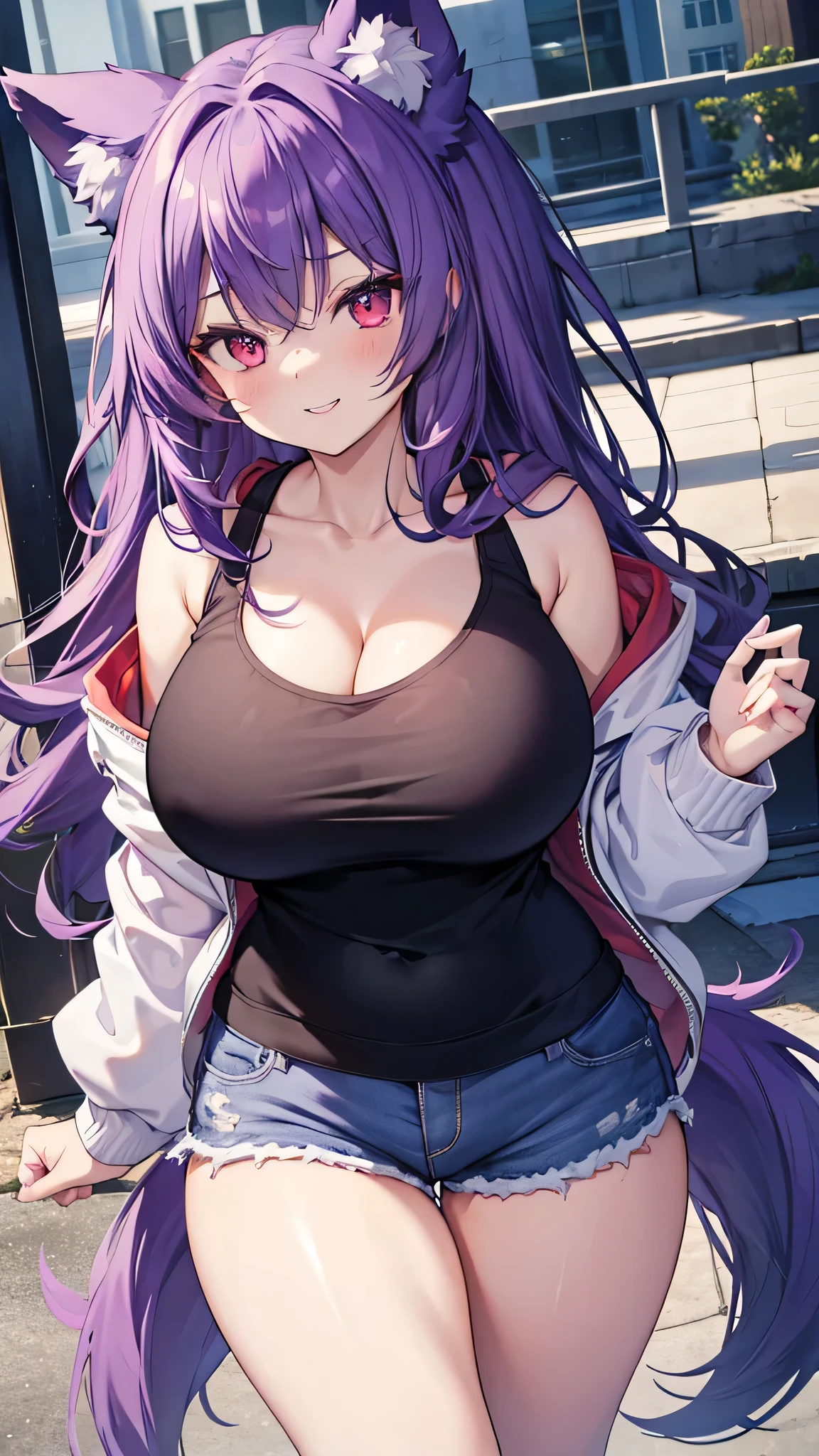 Wolf Girl, Large Breasts, Voluminous purple hair, masterpiece , Red eyes, hd, Thick thighs, Head to Chest, buried in my chest、Double teeth、tooth、Tank top、Chubby、Grinning、Shorts、hoodie、