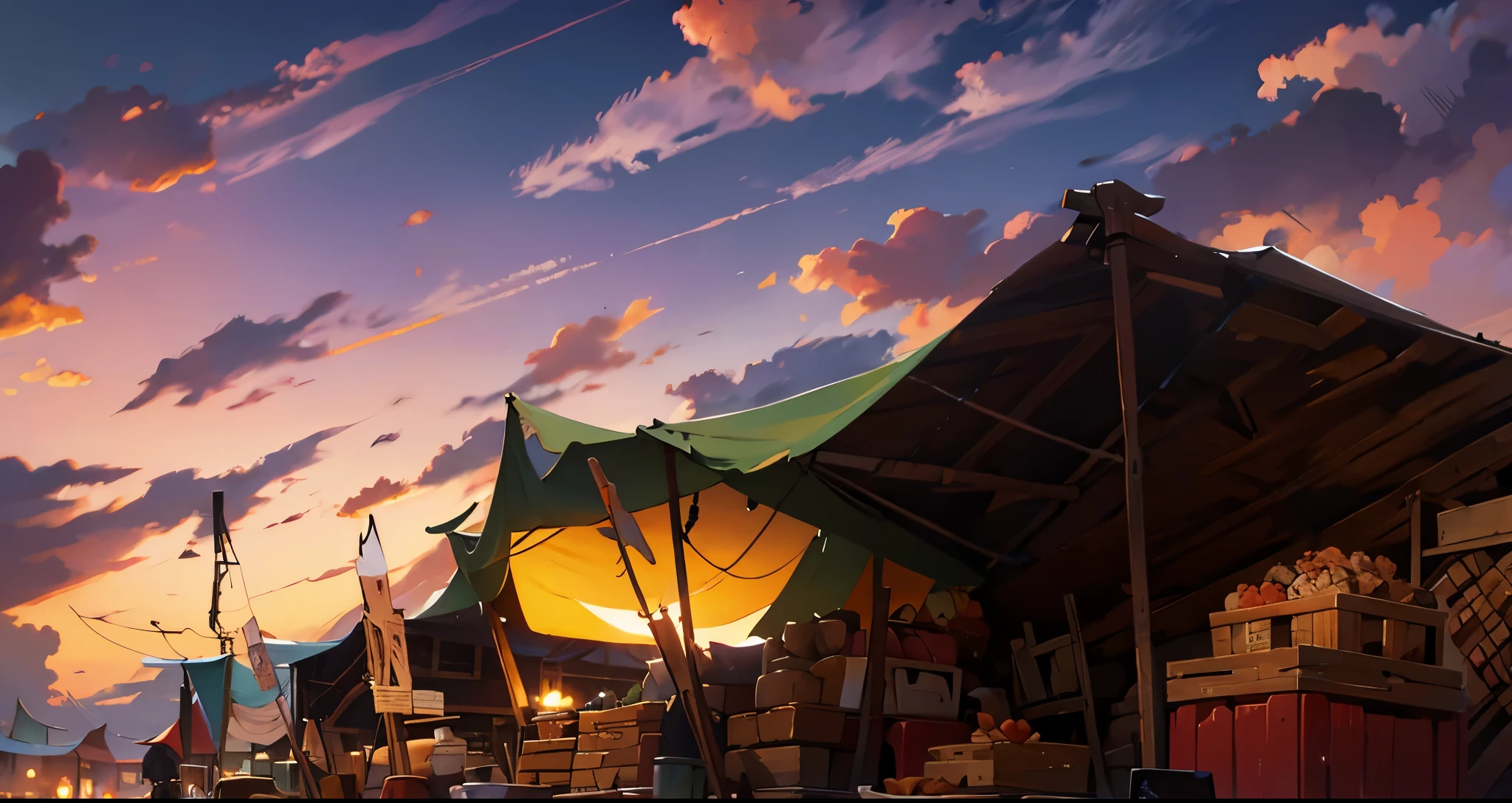 meat market, animal bone, animal skull, traditional market, market stalls, market tents, sand ground, clouds, cloudy daybreak sky, dawn sky, low angle picture