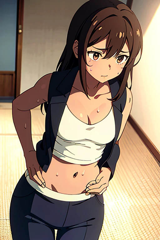 Koyomi Mizuhara, Brown hair, long hair, glasses, face, features, fit body, large breasts, Tight shirt, Nike biker shorts leggings, White sling thong, knee socks, and sneakers, wristband on left arm, view from behind, tight butt