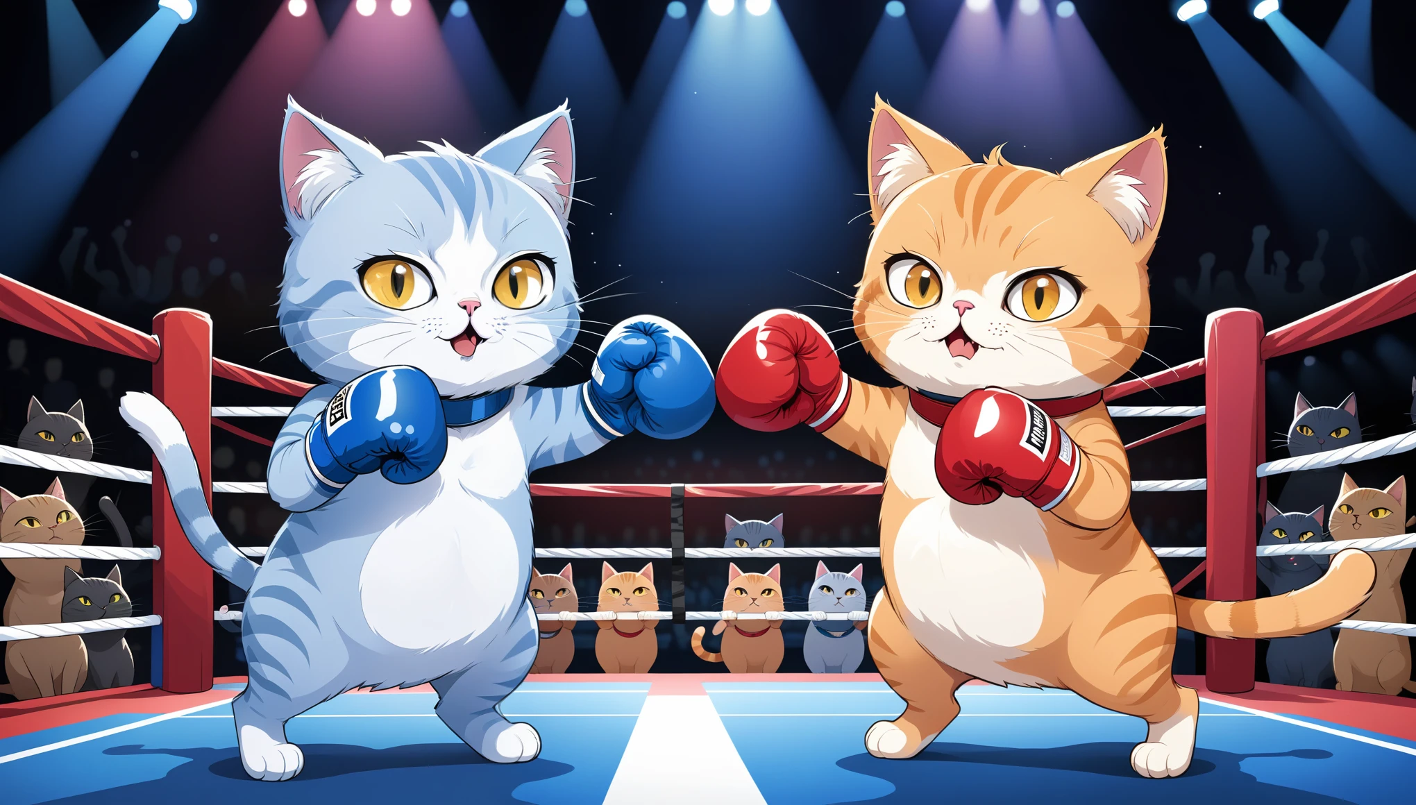 A lively illustration of an intense boxing match between two cats. One cat, wearing red boxing gloves, is landing a powerful punch on the other cat, wearing blue boxing gloves. Both cats have expressive faces, with the red cat showing determination and the blue cat displaying a mix of surprise and determination. The background is a boxing ring with ropes, a referee, and a crowd of anthropomorphic cats cheering and holding up signs. The atmosphere is playful and competitive, with a sense of friendly rivalry.