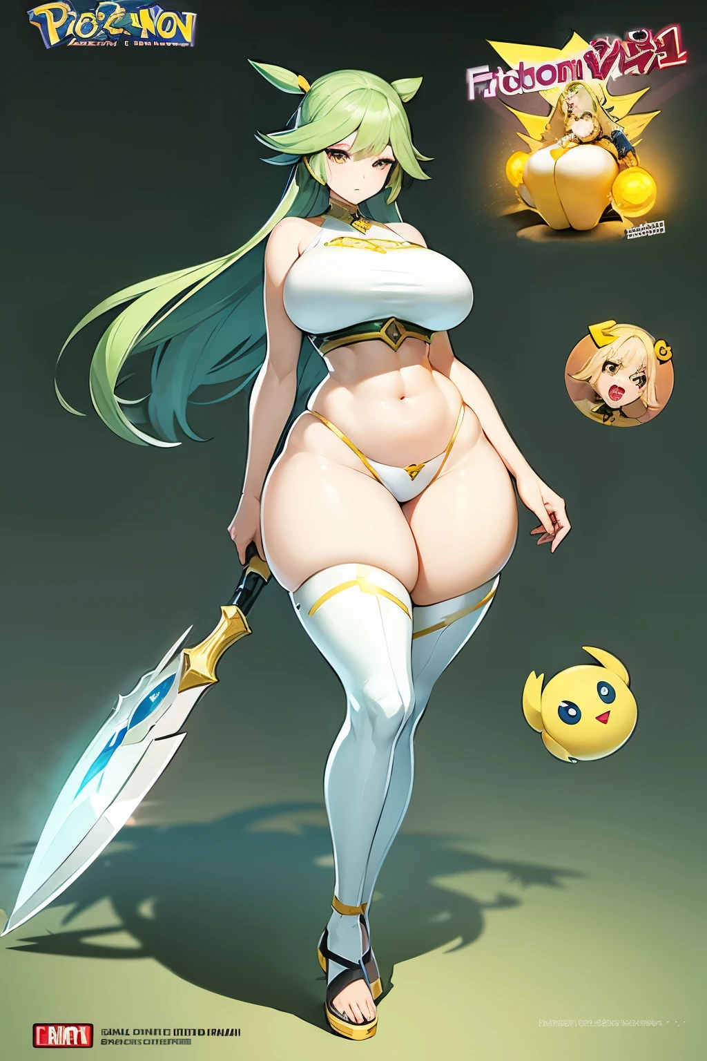 Concept art of pokemon fantasy woman, she has fat hips, incredible design and bid breasts , many clothes and have weapon, Pokémon, slim waist, fat hips and breasts, FINAL FANTASY WOMAN INSPIRATION, yellow honey bee, bangs cover eyes, short, ultra pale soft skin, Pokémon fantasy clothing 