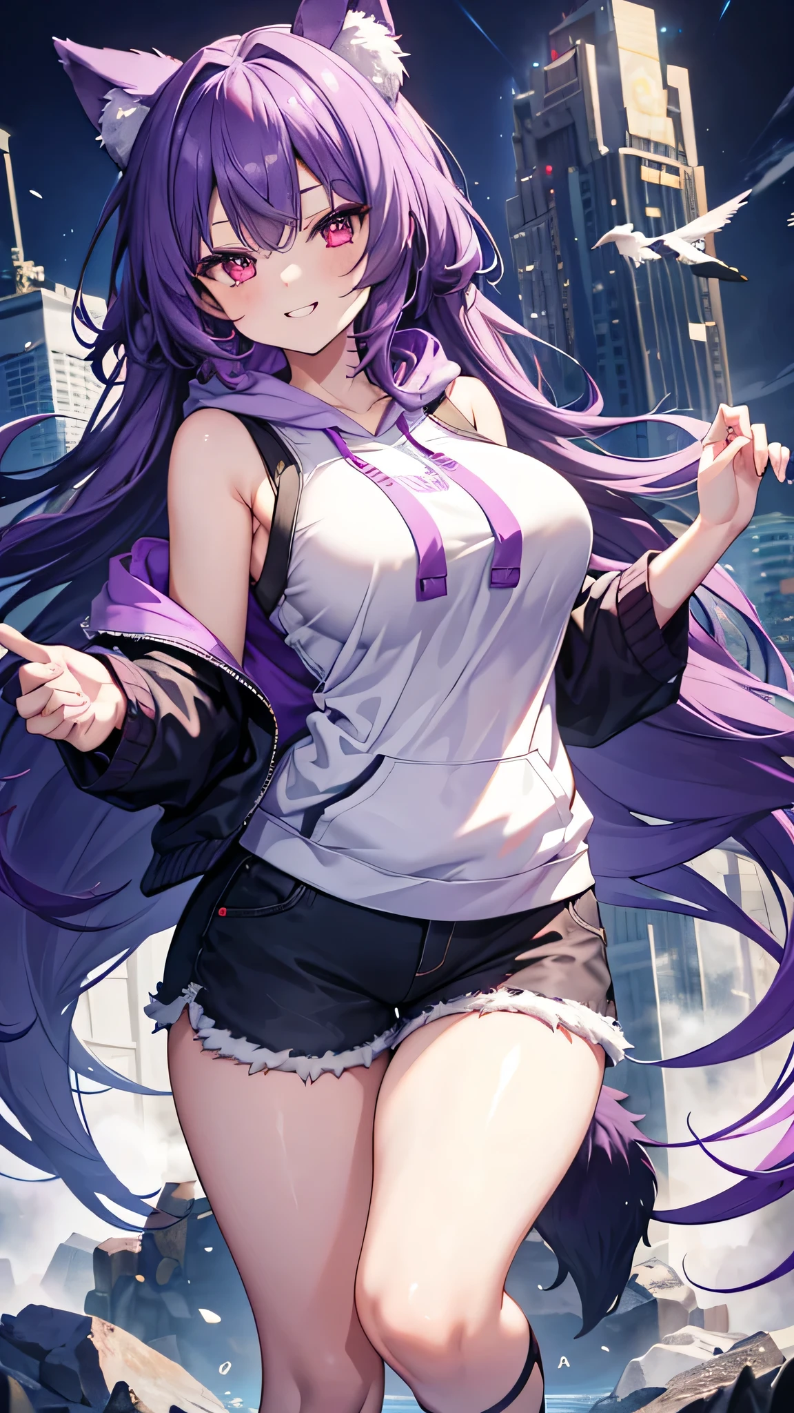 Violet is a fair-skinned teenager with a medium build. She has lavender, hip-length hair partially pulled up into a high ponytail decorated with streaks of silver and periwinkle. Her large, blue eyes are framed by her blunt fringe. Her makeup typically consists of shimmery purple eyeshadow, contour emphasizing her natural cheekbones, and nude lipstick. Violet's cheer uniform consists of a lavender and white tank top with black stripes and the number "34" and a jacket-like white iridescent hoodie. and for her skirt she wears a lavender skirt with purple knots and a white belt-like stripe on the top of the skirt with the word "RAINBOW" on it. for her footwear she wears ankle-high tube socks, lavender and white athletic sneakers with a stiletto heel. her hair is tied into a straight ponytail and her bangs are pulled back. she also wears a lavender and white bow with the word "RH" on it. her makeup consists of purple eyeshadow and eyeliner, and face paint that consists of "R" at the left and "H" at the right of her cheeks and bright pink lipstick.