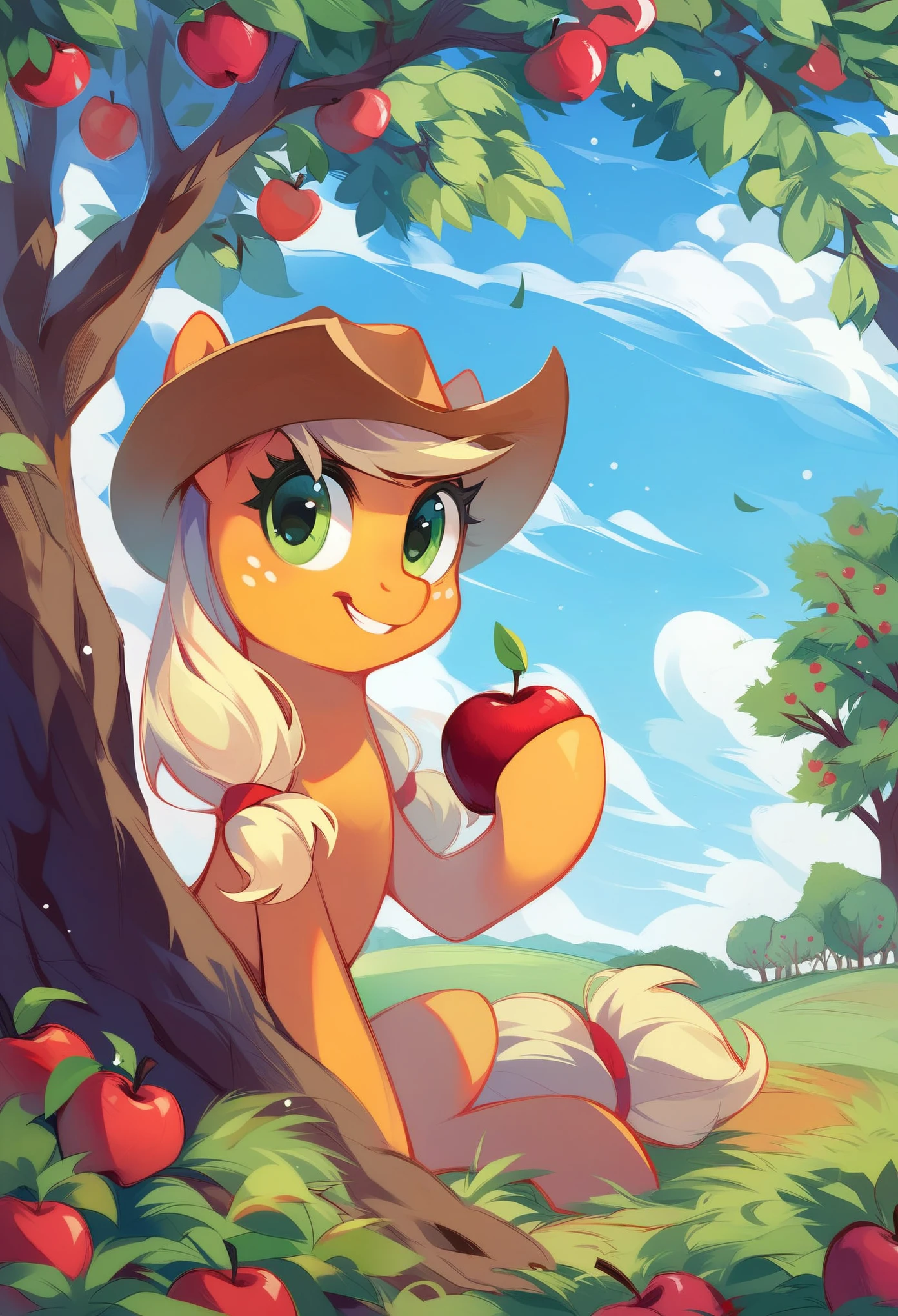 score_9, score_8_up, score_7_up, score_6_up, Applejack, the feral pony wearing a cowboy hat. a picturesque apple orchard set against a backdrop of a red barn and clouds in the sky. Rear view, nice butt, shy expression with a scared frown, tail between legs shyly. 