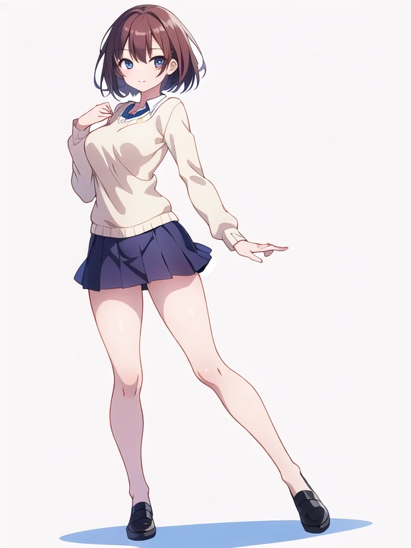 (stand posture), cute eyes, adult woman, skirt, solo, ((white background)), (full body), shrug/clothing/,