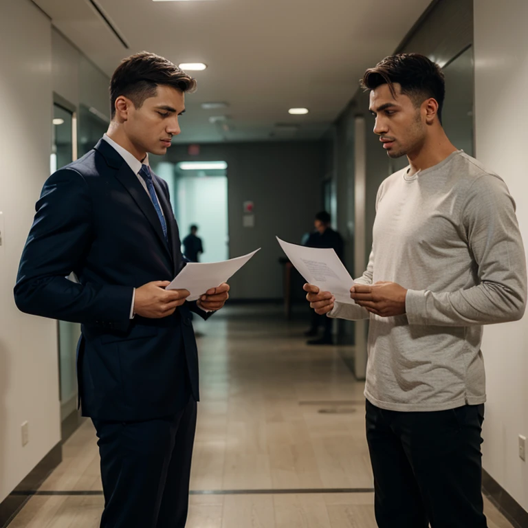 Two men standing, one turned the other side while speaking to the other presenting him a piece of paper