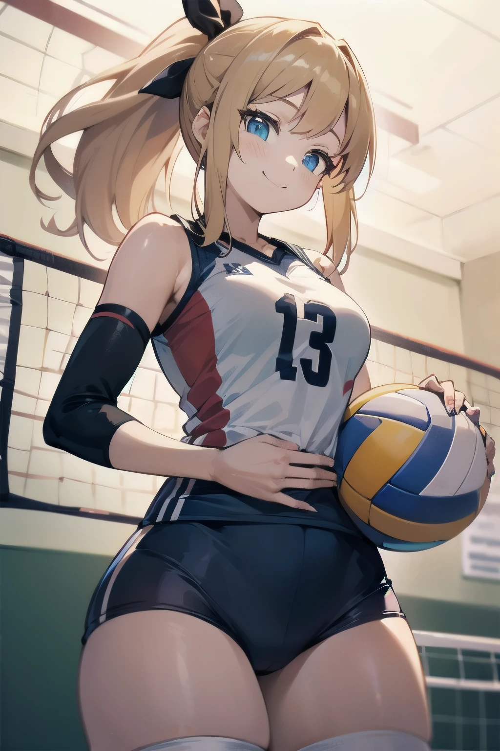 unity 8k wallpaper, anatomically correct, (((masterpiece))), (((best quality))), (((ultra detailed))), (((high-resolution))), ((super fine illustration)), ((Ultimate cutie)), detailed beautiful face, shiny hair, 18 years old, ((potbelly)), (curvy), medium breasts, ((Thick thighs)), sleeveless volleyball uniform, ((buruma)), ((knee pad)), (elbow pad), ((hold volleyball)), ((hold a 6-inch volleyball)), cowboy shot, in volleyball court, in school gymnasium,
BREAK, (Yuri), 2girls_A_and_B, A girl_have_{{blond ponytail}}_{hair bow}_{{happy}}_{smile},
BREAK, B girl_have_{black short hair}_ {hair bow}_{{{smirk}}}