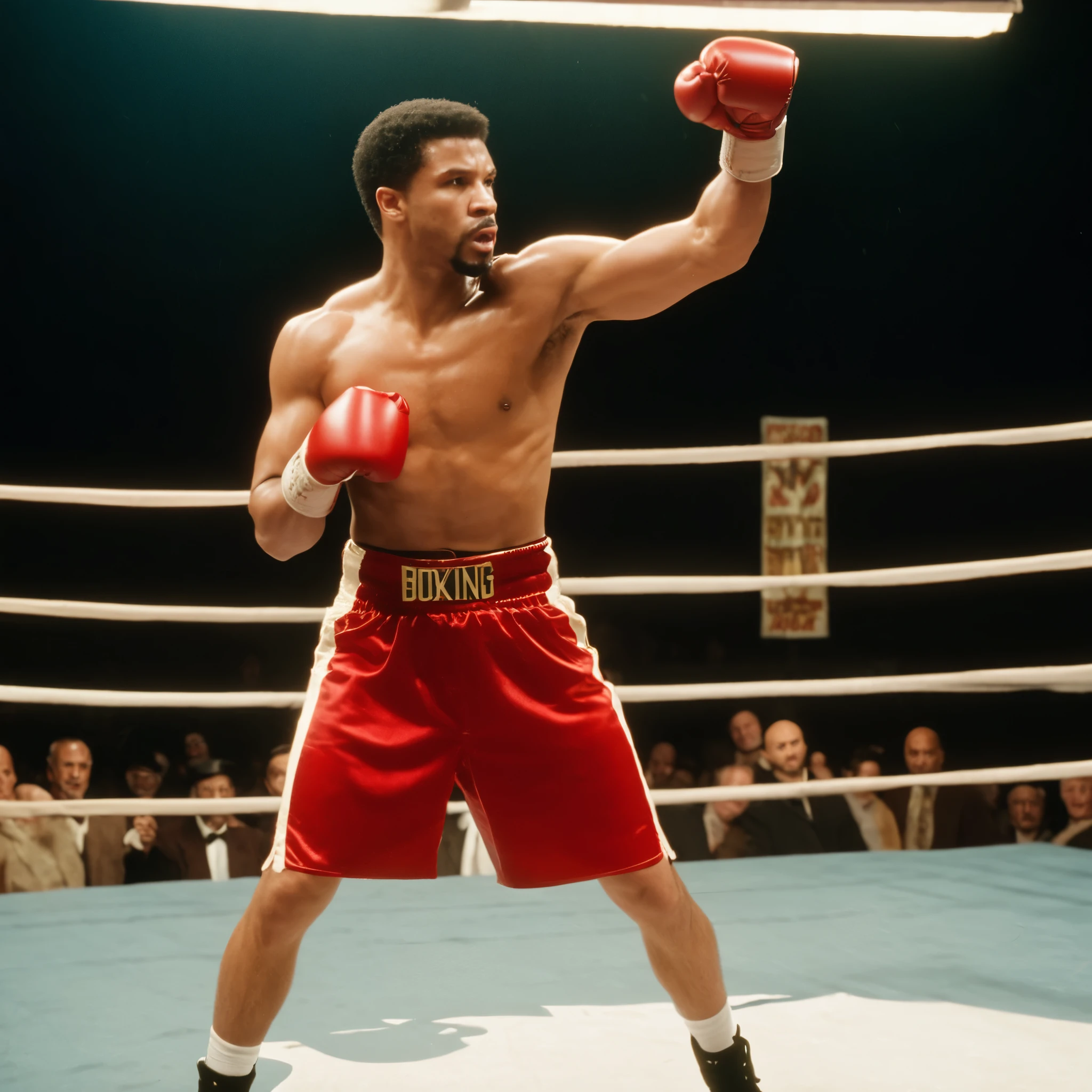 There is a man standing in the boxing ring, movie still, biopic, striking fighting pose, excerpt from the movie, striking fighting pose, 8k movie stills, movie action still frames, high quality movie stills, movie promotional stills, boxing, boxing poses, movie action shots