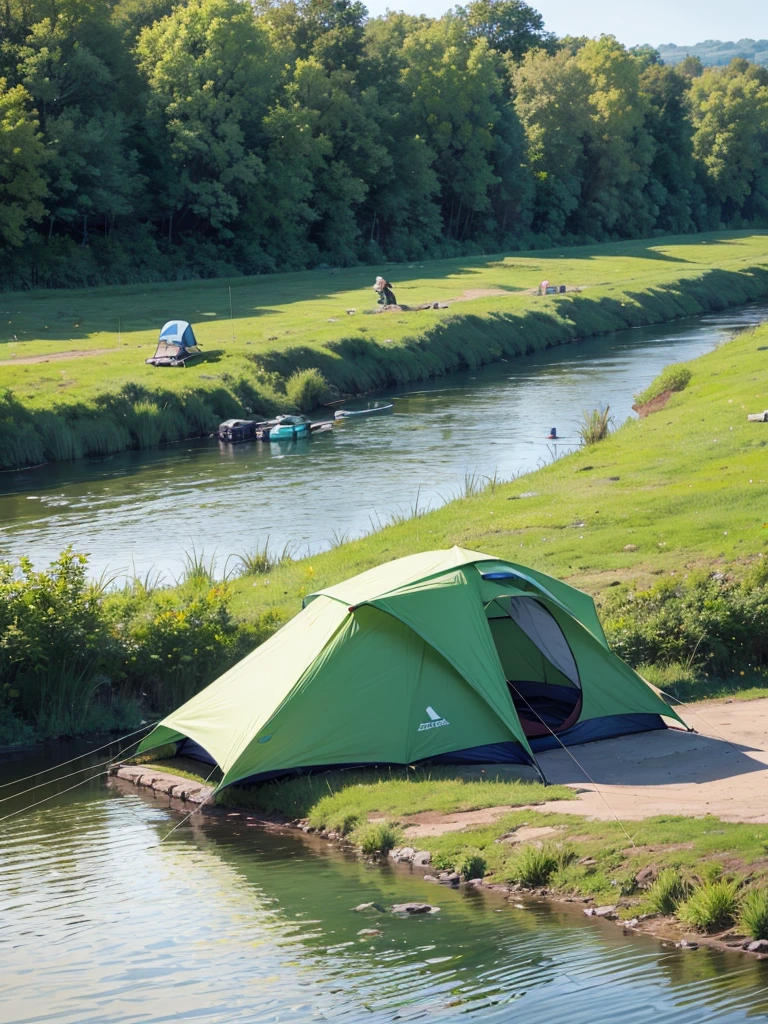 There are tents and fishing poles on the river bank