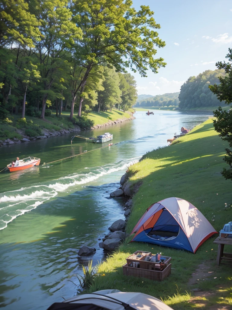 There are tents and fishing poles on the river bank
