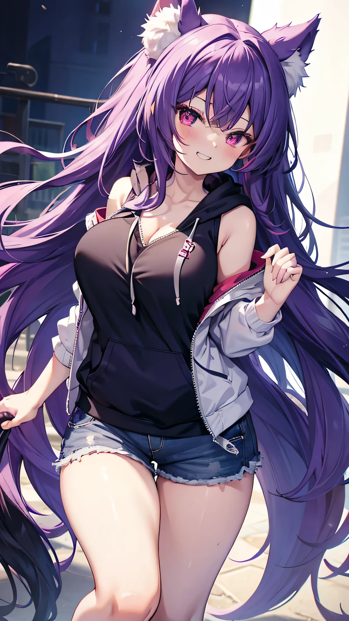 Wolf Girl, Large Breasts, Voluminous purple hair, masterpiece , Red eyes, hd, Thick thighs, Head to Chest, buried in my chest、Double teeth、tooth、Sleeveless shirt、Chubby、Grinning、Shorts、hoodie、