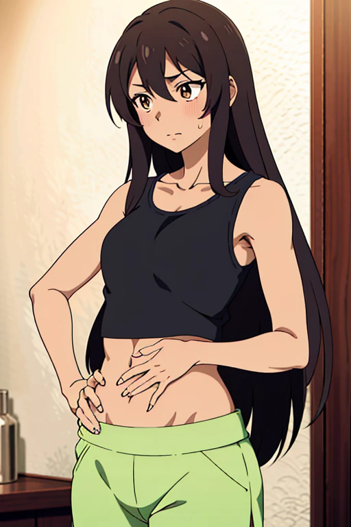 (masterpiece, top quality, best quality), brown skin anime girl wearing a sleeveless jacket and cami top and trousers, famished in hunger, (gently resting hands on stomach), (sweating), (long hair), (hands on her stomach)