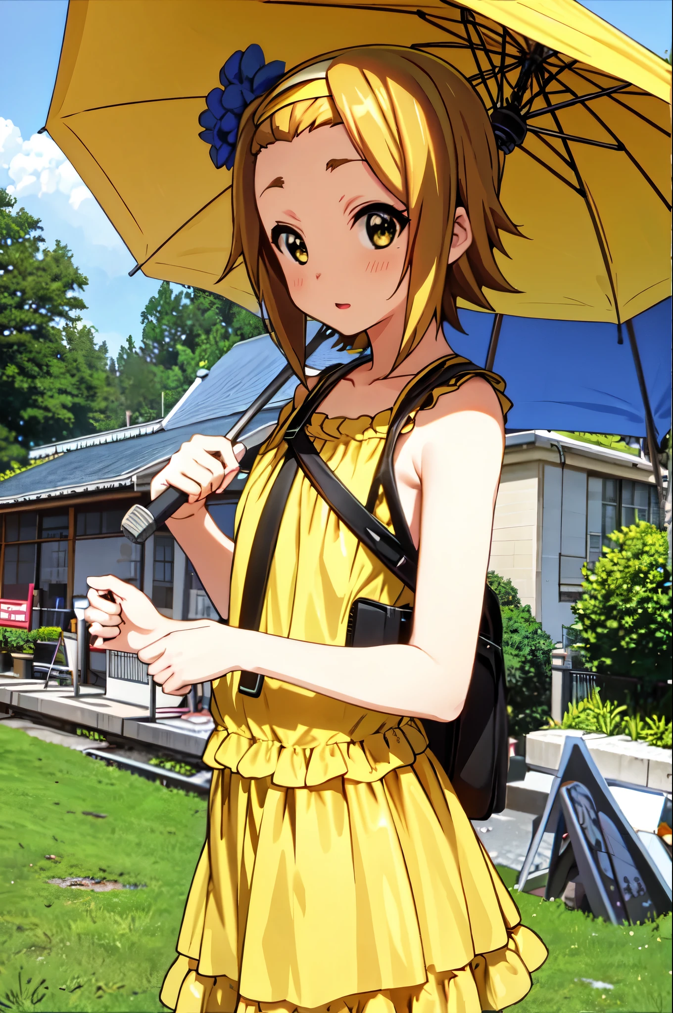 Ritsu tainaka, brown hair, yellow hairpin, flat chest, yellow hair band, umbrella, looking at viewer