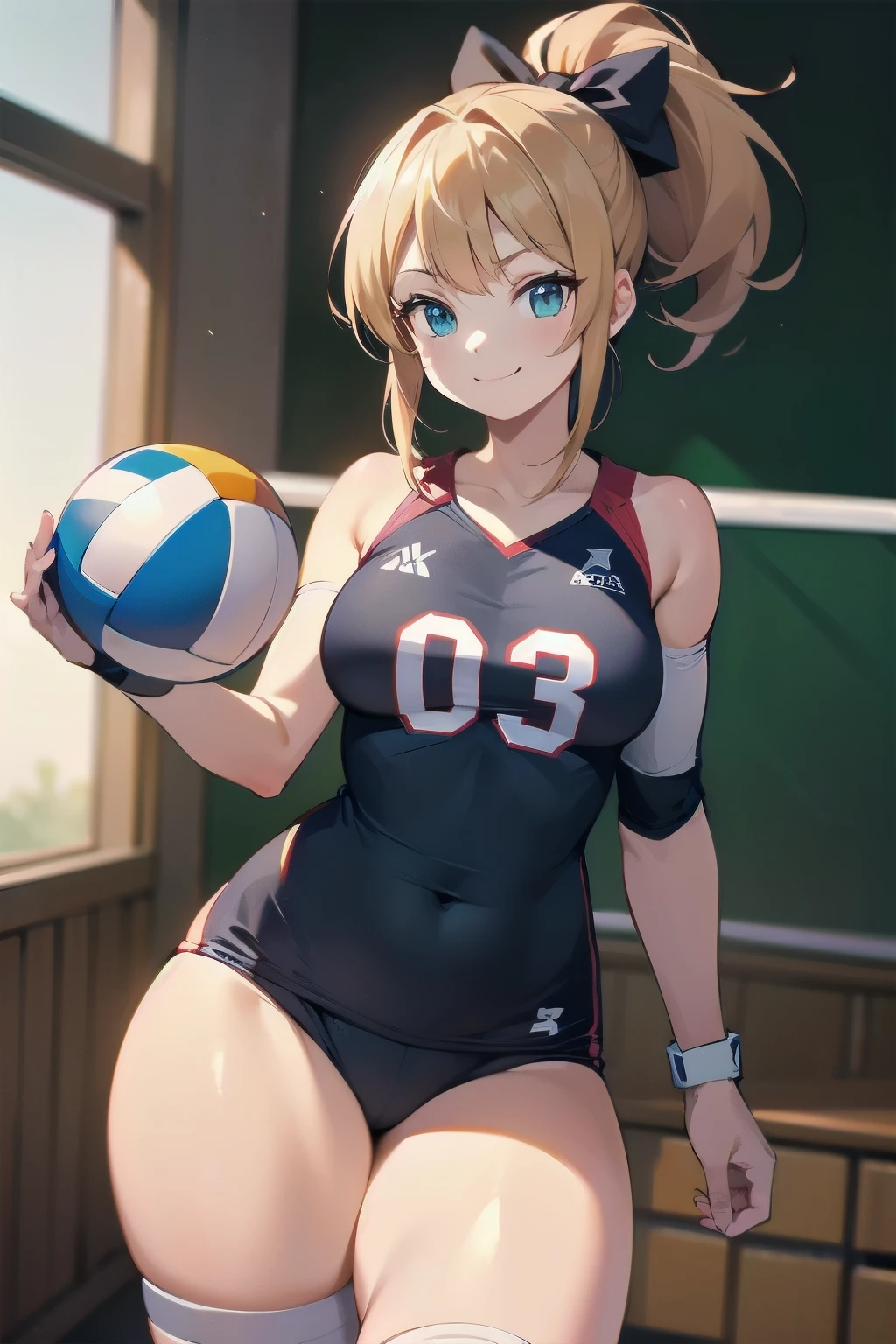 unity 8k wallpaper, anatomically correct, (((masterpiece))), (((best quality))), (((ultra detailed))), (((high-resolution))), ((super fine illustration)), ((Ultimate cutie)), detailed beautiful face, shiny hair, 18 years old, ((potbelly)), (curvy), medium breasts, ((Thick thighs)), sleeveless volleyball uniform, ((buruma)), ((knee pad)), (elbow pad), ((hold volleyball)), ((hold a 6-inch volleyball)), cowboy shot, in volleyball court, in school gymnasium, 
BREAK, (Yuri), 2girls_A_and_B, A girl_have_{{blond ponytail}}_{hair bow}_{{happy}}_{smile}, 
BREAK, B girl_have_{black short hair}_ {hair bow}_{{{smirk}}}