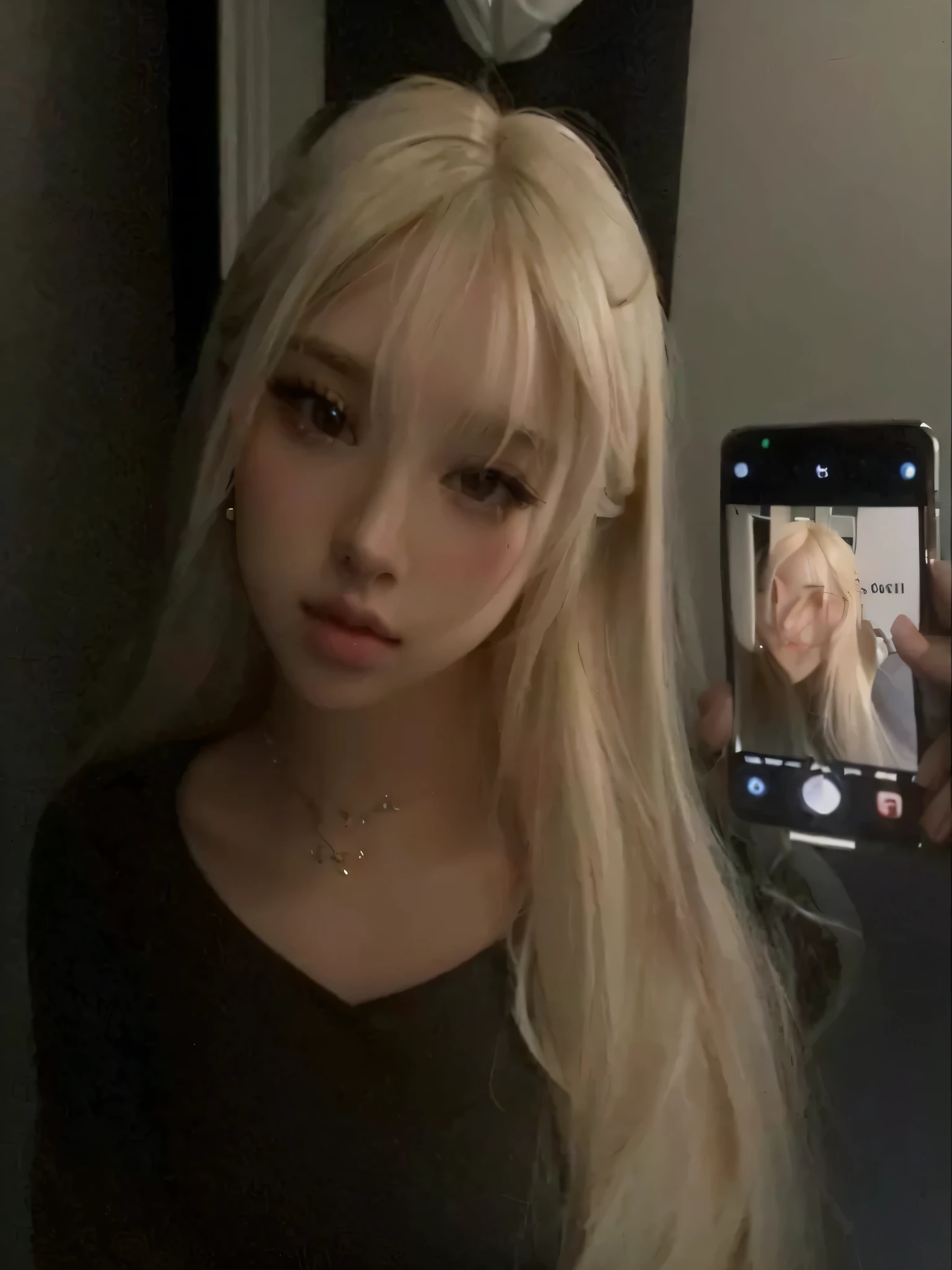 Blonde woman with long hair taking a selfie with her cell phone., ava max, su cabello es blanco, foto de perfilture, retrato de kim petras, foto de perfil, ella tiene cabello rubio, cara como ester exposito, very very pale blonde hair, pelo largo y blanco y flequillo, con pelo largo y rubio, portait photo foto de perfilture, headshot foto de perfilture, Con flequillo completo