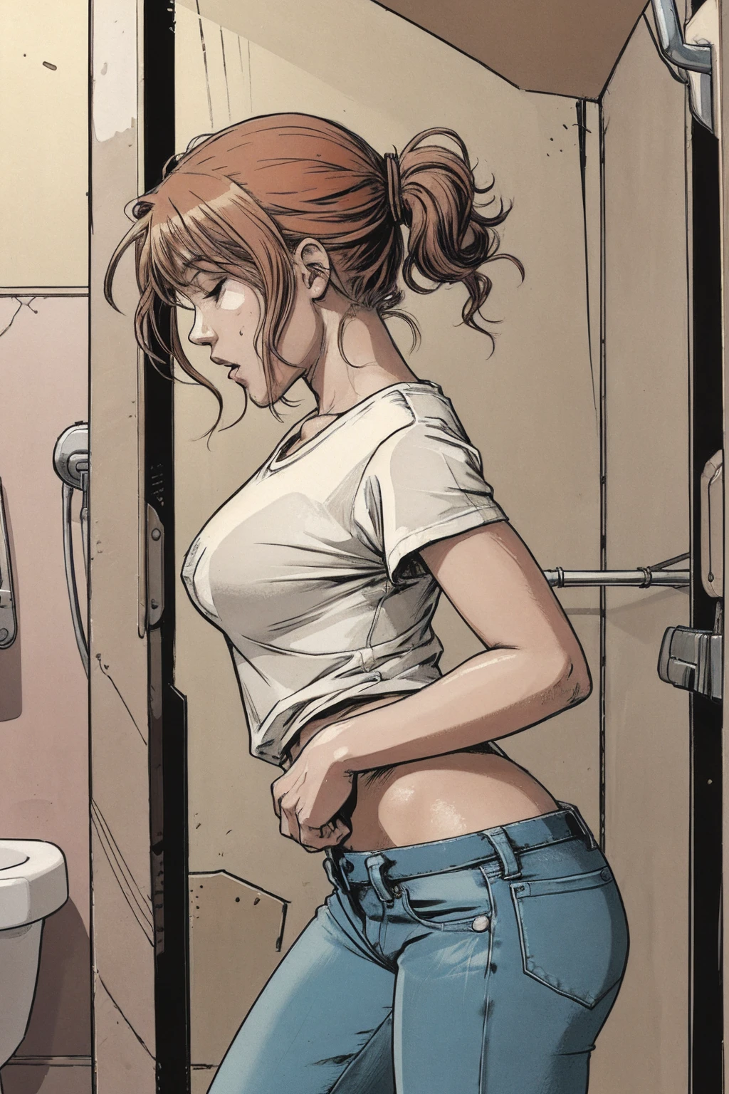 vector image, 2d cartoon,masterpiece, An anime woman, colored hair, fuck herself, simulates intercourse:1.2, gloomy ecstasy, sweat, masturbate, touch herself in sensual places, public cramped toilet stall, jeans, t-shirt, from side view
