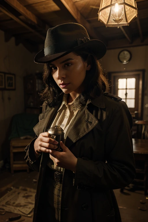 Character: Detective Ramirez, Situation: Examining Evidences of a Haunting, Era: 1940s Noir, Clothing: Trench Coat and Fedora, Location: Dusty Attic of Casa Matusita, Action: Holding a Vintage Lantern, Background: Cobwebs and Old Furniture, Style: Hyper-realistic, Photo Realism, Cinematography.