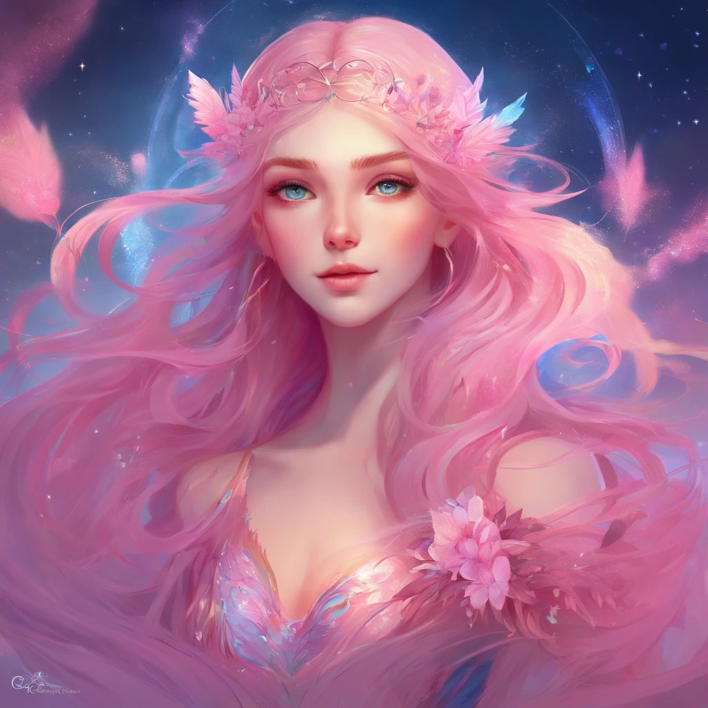Close up of surreal girl with long hair and pink background, Rossdraws pastel bright, Rossdraws cartoon bright, Beeple and Jeremiah Ketner, digital art style, beautiful anime style, synthwave colors!!, Rossries 1. 0, Rossries 2. 0, amazing art style, Great digital art with details