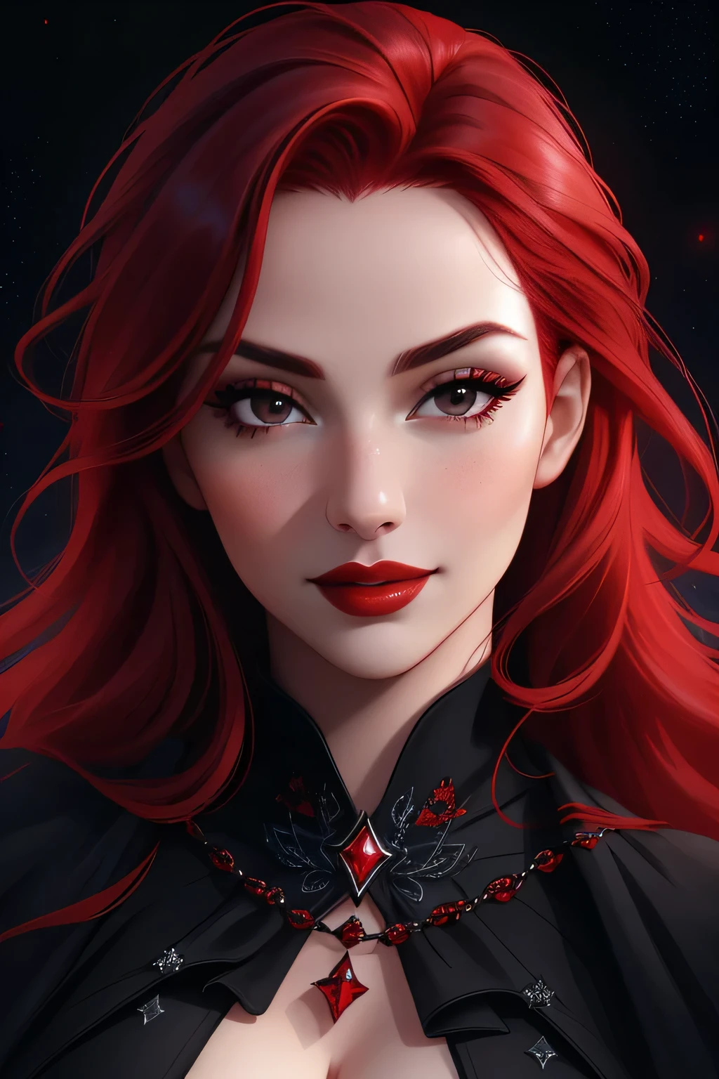 face close up, portrait shot, ((vivid red hair)), mature woman, 30 years old, diamond face, red starry sky background, depth of field, magic, big red lips, ((dark and black eyes)) black and red long and full dress, covered chest, mystical atmosphere, ominous shadows, Intense blue aura, Intense red aura (best quality:1.2), absurdres, intricate details, (highly detailed skin:1.2), smile expression, posing, taut and well defined body, attractive. Highly realistic, white skin, beautiful, hyperrealism, skin very elaborated, direct gaze,