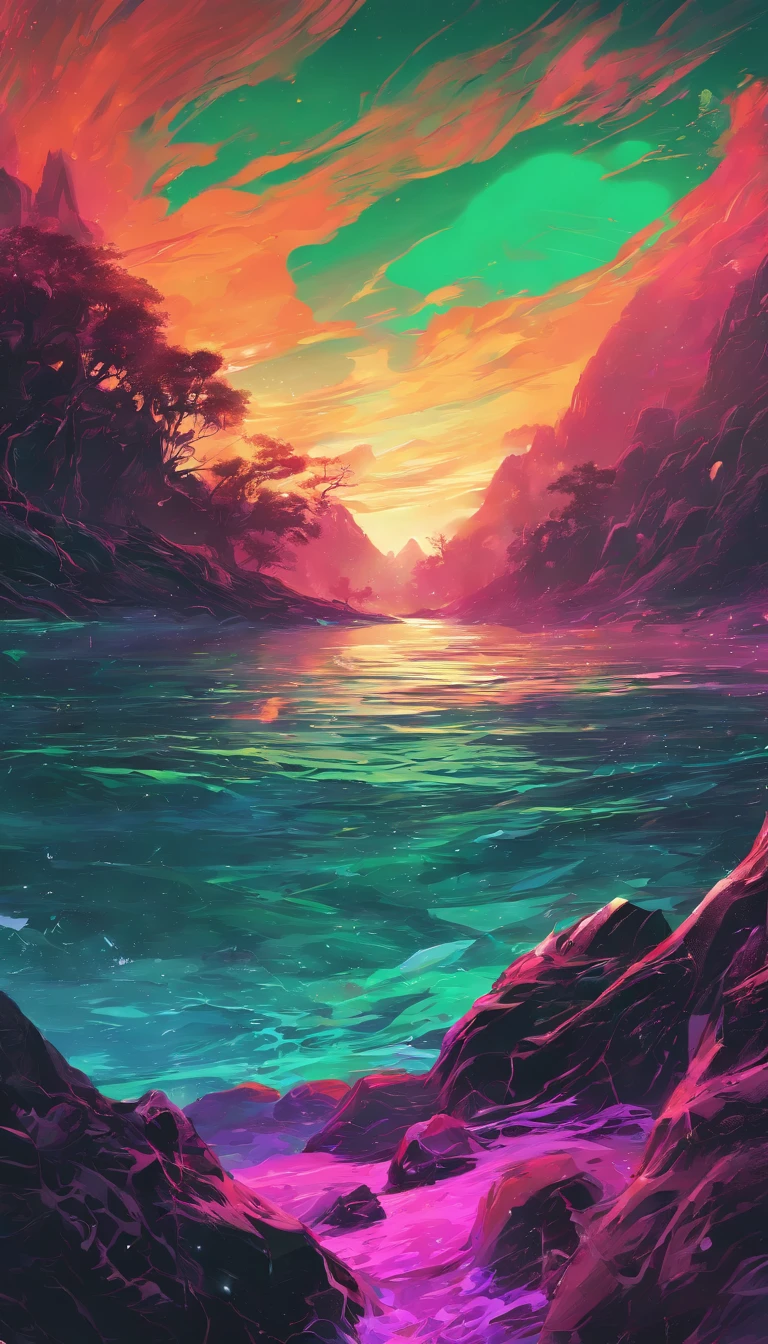 Green mountains surround a paradisiacal beach with crystal clear waters where two rivers meet and flow into the sea; best quality, highly detailed, dynamic, bright, energy waves, explosions of neon lights, smoke and cosmic dust, RAW color photo of very high quality and details, double exposure, sharp lines, dark touch, Canon EOS R10 + effect, focus on art, soft lighting, depth of field effect, f2, 35mm, film grain, front photo, realism, front optical projection image, stereogram, atmospheric perspective, color field painting, conceptual art, social realism, modern, minimalism, romanticism, op art, realism, action painting, hyperrealism, En plein ar, 8k, super details, accurate, best quality, 8k, 4K, high resolution, best quality, award-winning, high details, anatomically correct, UHD, retina, masterpiece, necessary, clear facial features)) ; (((photographic, photographic, photogenic))), candid moment, genuine expressions, detailed facial features, emotional depth (radiant expression; looking at the front of the scene: 1,2), (((completely darkened background))) lights of most ultra-real scenes: 1.8)); ((detail: 1.4, full focus on scene position (f/1.2)); dark background; spectacular ambient lighting, luminous colors, cinematic atmosphere, realism style, intricate details in high capture (((ultra-high resolution, rendering physics-based ((Many bright and colorful particles are flying))