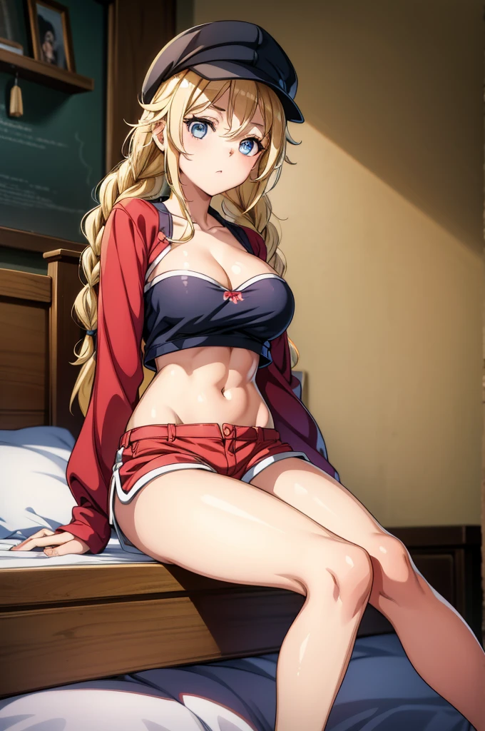 a blonde woman sits in a bedroom wearing a hat and shorts., 1girl, solo, breasts, long hair, blue eyes, hat, blonde hair, braid, twin braids, shorts, navel, cleavage, sitting, looking at viewer, large breasts, red shorts, midriff, short shorts, crop top, black headwear, long sleeves