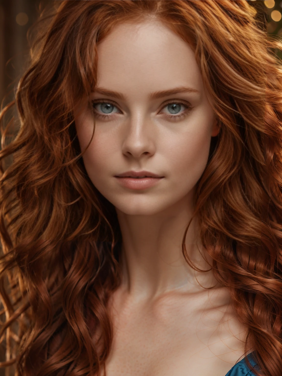 Hyper realistic UHD 4K image, photographic quality portrait of beautiful woman, redhead, long hair curly, blue eyes,Masterpiece