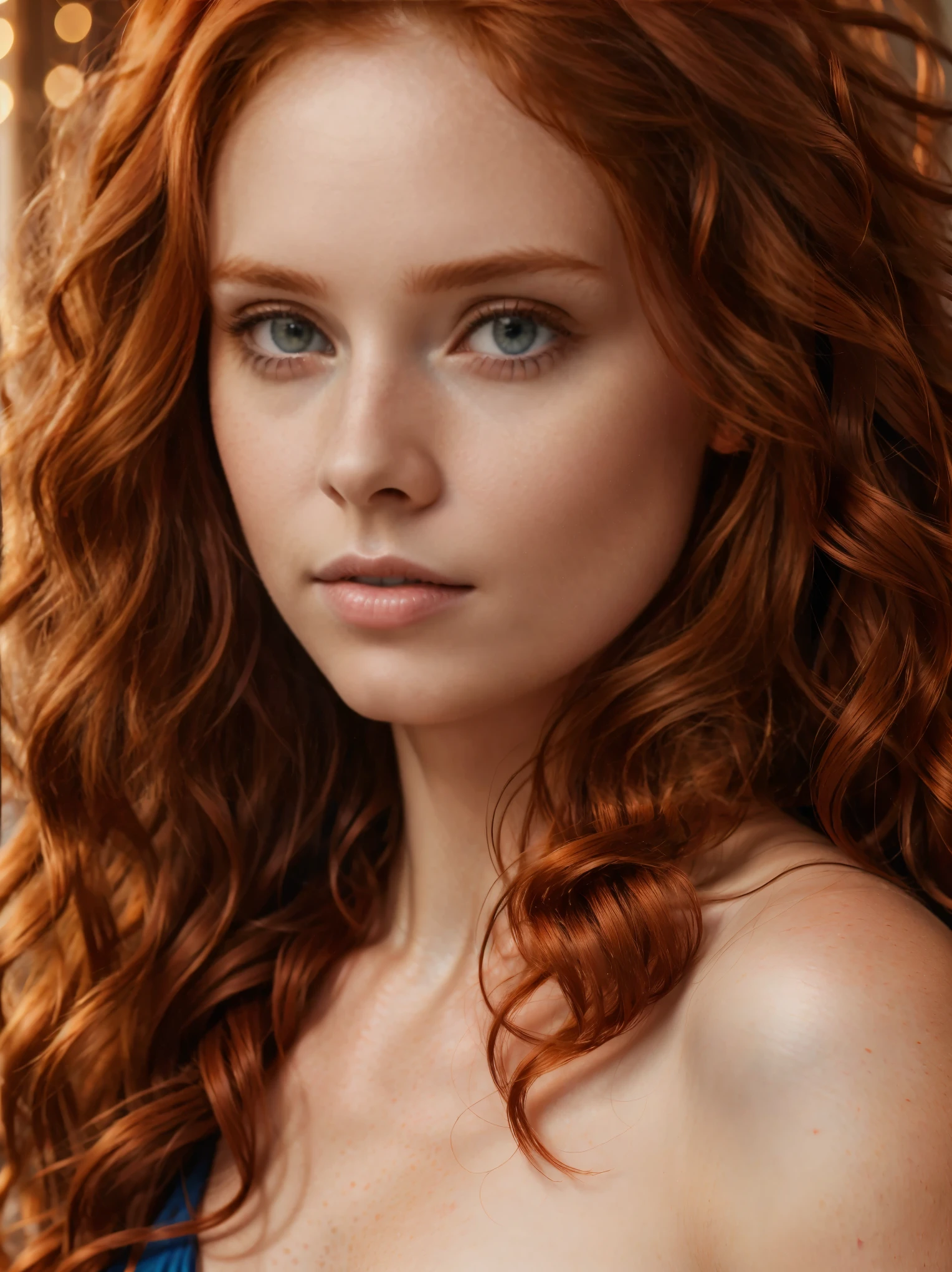 Hyper realistic UHD 4K image, photographic quality portrait of beautiful woman, redhead, long hair curly, blue eyes,Masterpiece