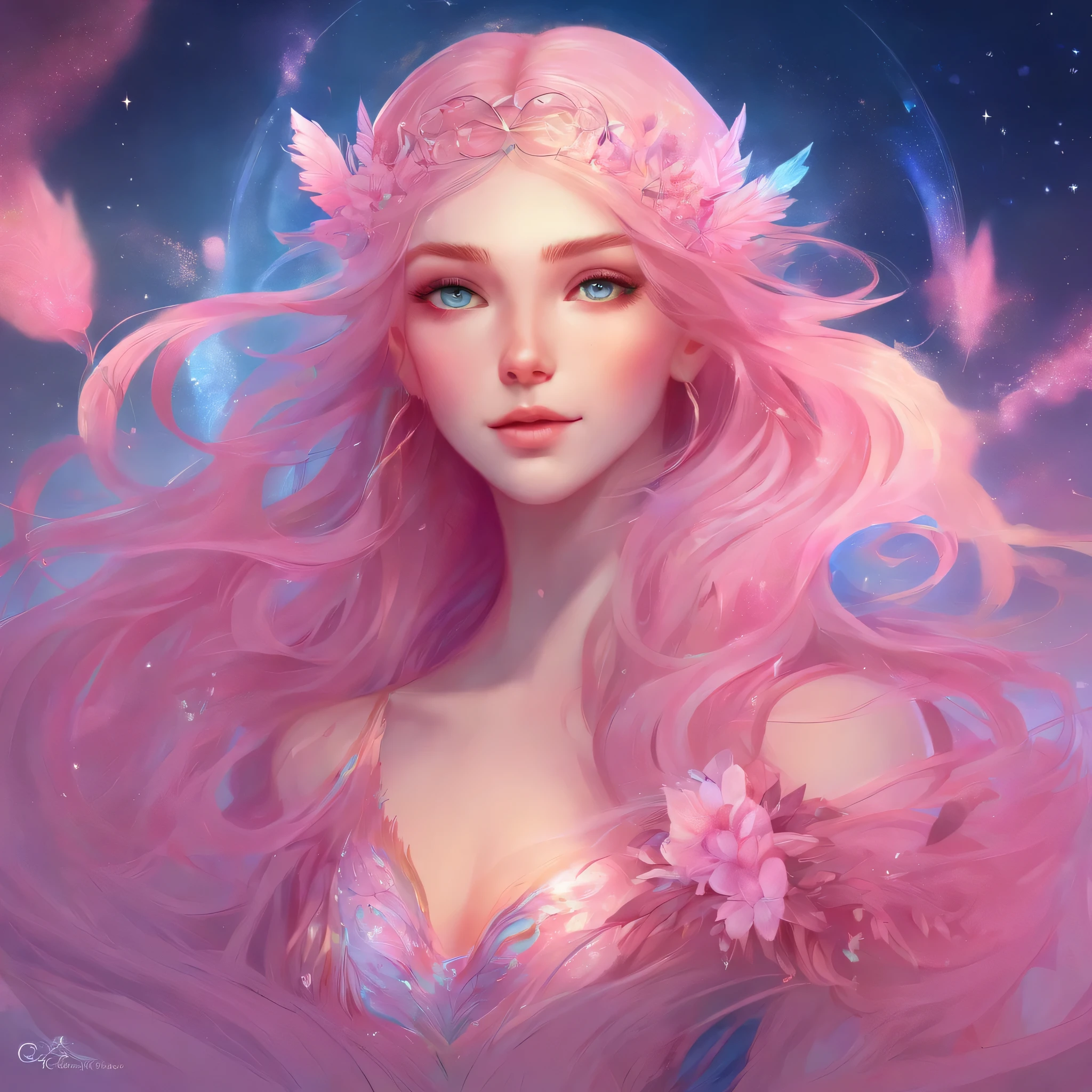 Close up of surreal girl with long hair and pink background, Rossdraws pastel bright, Rossdraws cartoon bright, Beeple and Jeremiah Ketner, digital art style, beautiful anime style, synthwave colors!!, Rossries 1. 0, Rossries 2. 0, amazing art style, Great digital art with details