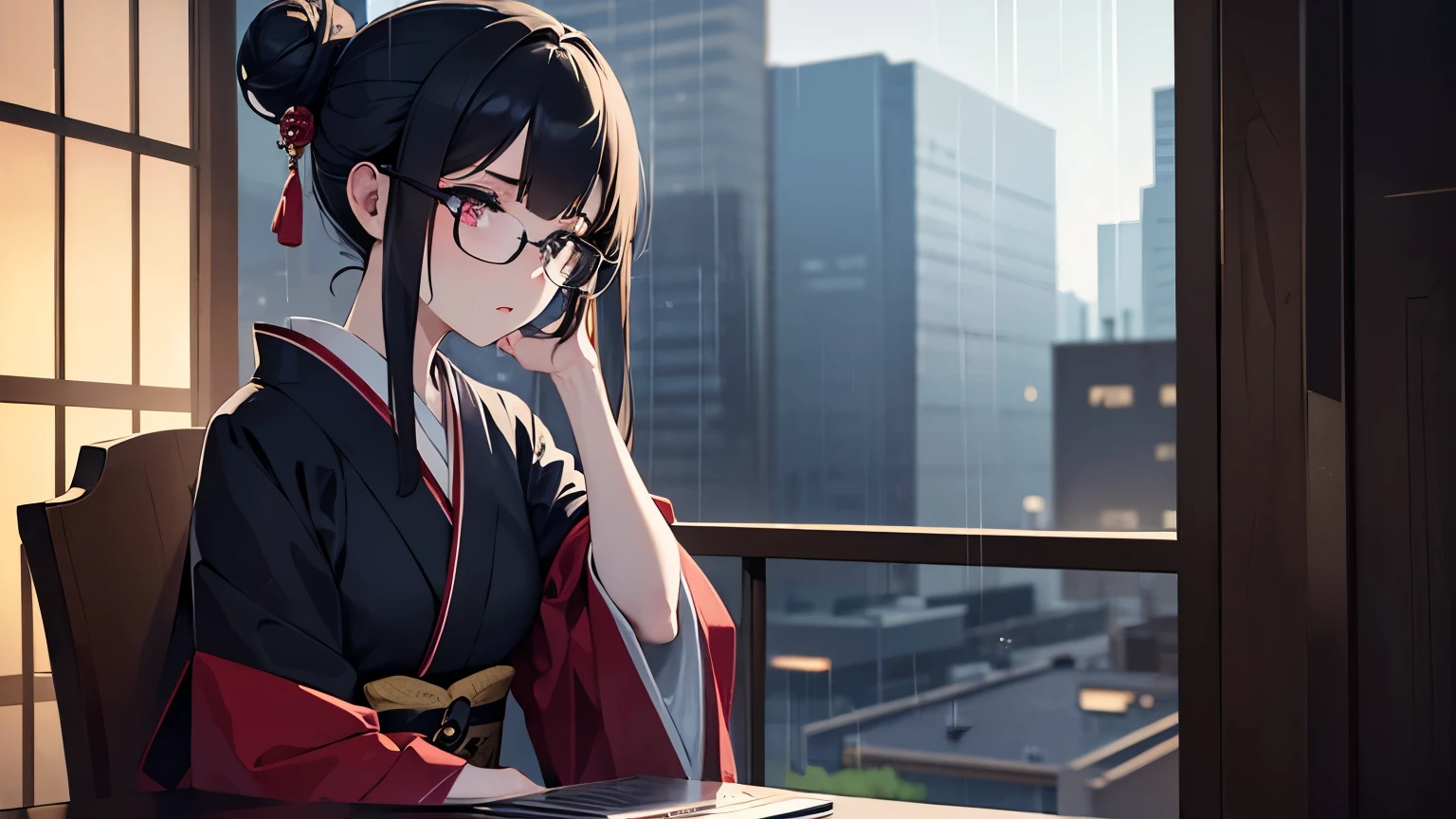 (1girl:1.3), Masterpiece, Best quality, amazing beauty, [[3D]], 4K, absurdres, finely detail, super detailed eye, perfect ???????, official art, A beautiful girl looking into the distance while listening to headphones in a traditional Japanese cafe, Warm lighting, Wearing a kimono, Outside, the rain is falling quietly, Japanese anime style, hair bun, black hair, super shiny detailed black eye, pale skin, detailed skin, evening,Glasses,　Sitting in a chair, Overall composition seen from a distance, Dark Eyes