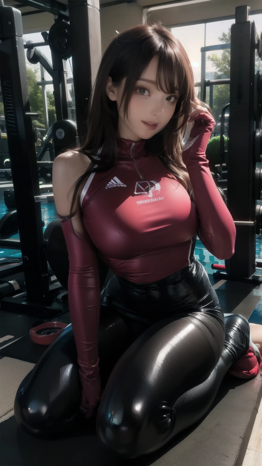 skin completely covered by clothing, high detail, Full body, wearing (tight shirt:1.2), beautiful detailed face, hazel eyes, (attractive fitness woman:1.3), (seductive:1.1), (blushing:1.1), hourglass body shape, complete shiny aerobic black and red latex bodysuit, big round breasts