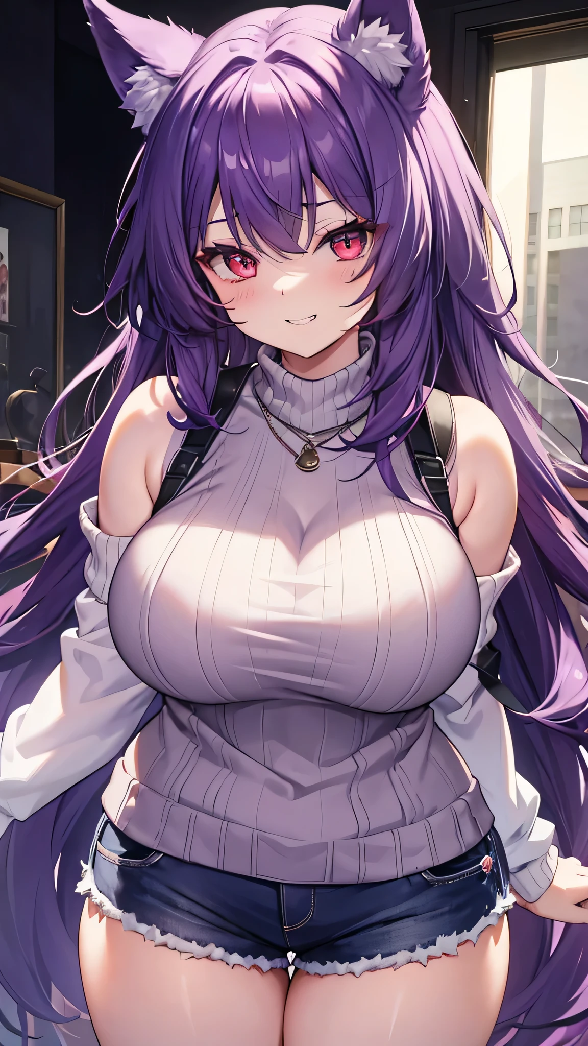 Wolf Girl, Large Breasts, Voluminous purple hair, masterpiece , Red eyes, hd, Thick thighs, Head to Chest, buried in my chest、Double teeth、tooth、Sleeveless sweater、Chubby、Grinning、Shorts、、