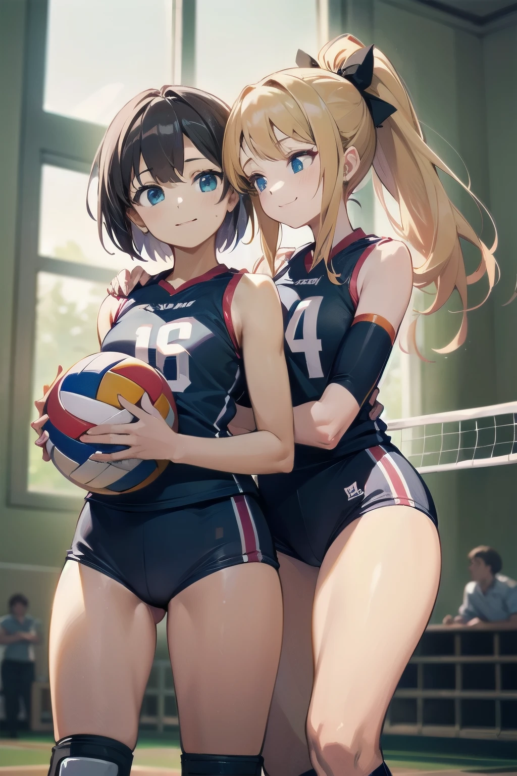 unity 8k wallpaper, anatomically correct, (((masterpiece))), (((best quality))), (((ultra detailed))), (((high-resolution))), ((super fine illustration)), ((Ultimate cutie)), detailed beautiful face, shiny hair, 18 years old, ((potbelly)), (curvy), medium breasts, ((Thick thighs)), sleeveless volleyball uniform, ((buruma)), ((knee pad)), (elbow pad), ((hold volleyball)), ((hold a 6-inch volleyball)), cowboy shot, in volleyball court, in school gymnasium,
BREAK, (Yuri), 2girls_A_and_B, A girl_have_{{blond ponytail}}_{hair bow}_{{happy}}_{smile},
BREAK, B girl_have_{black short hair}_ {hair bow}_{{{smirk}}}