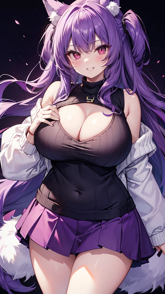 Wolf Girl, Large Breasts, Voluminous purple hair, masterpiece , Red eyes, hd, Thick thighs, Head to Chest, buried in my chest、Double teeth、tooth、Sleeveless sweater、Chubby、Grinning、mini skirt、