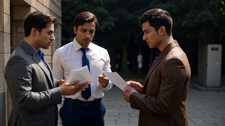 Two men standing, one turned the other side while speaking to the other presenting him a piece of paper but he rejected the piece of paper