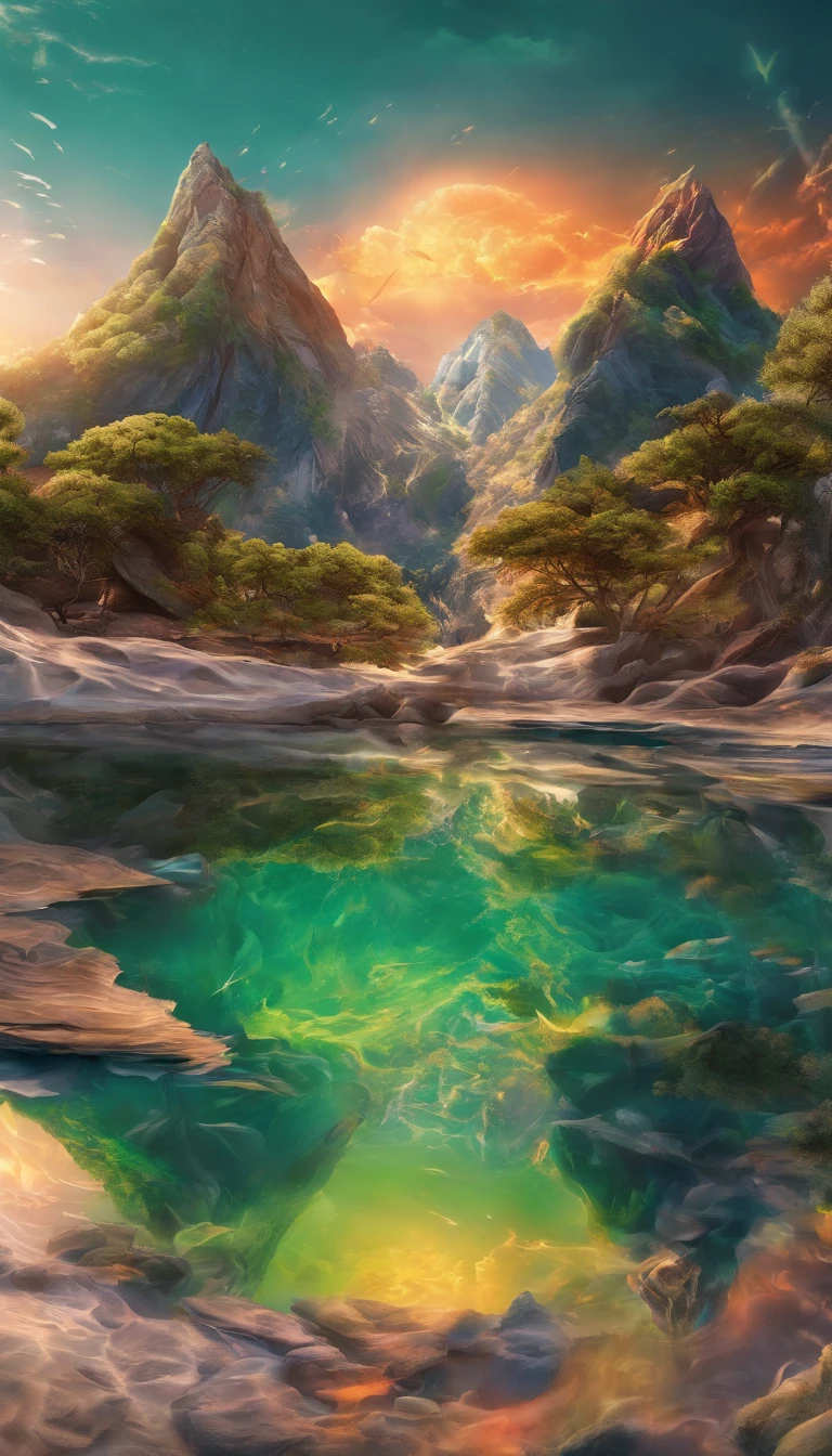 Green mountains surround a paradisiacal beach with crystal clear waters where two rivers meet and flow into the sea; best quality, highly detailed, dynamic, bright, energy waves, explosions of neon lights, smoke and cosmic dust, RAW color photo of very high quality and details, double exposure, sharp lines, dark touch, Canon EOS R10 + effect, focus on art, soft lighting, depth of field effect, f2, 35mm, film grain, front photo, realism, front optical projection image, stereogram, atmospheric perspective, color field painting, conceptual art, social realism, modern, minimalism, romanticism, op art, realism, action painting, hyperrealism, En plein ar, 8k, super details, accurate, best quality, 8k, 4K, high resolution, best quality, award-winning, high details, anatomically correct, UHD, retina, masterpiece, necessary, clear facial features)) ; (((photographic, photographic, photogenic))), candid moment, genuine expressions, detailed facial features, emotional depth (radiant expression; looking at the front of the scene: 1,2), (((completely darkened background))) lights of most ultra-real scenes: 1.8)); ((detail: 1.4, full focus on scene position (f/1.2)); dark background; spectacular ambient lighting, luminous colors, cinematic atmosphere, realism style, intricate details in high capture (((ultra-high resolution, rendering physics-based ((Many bright and colorful particles are flying))